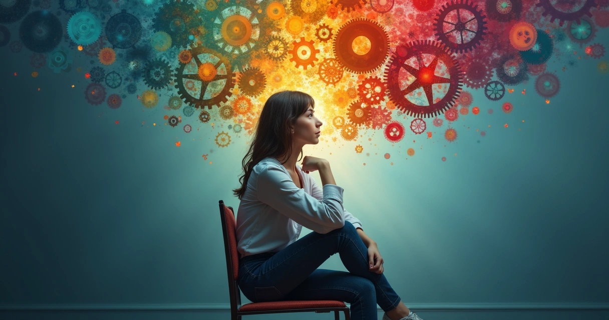 Mujer pensativa con engranajes mentales de colores sobre su cabeza 