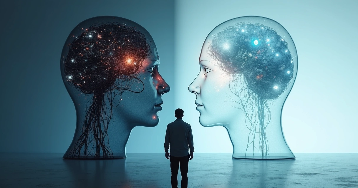 Persona frente a un laberinto mental dividido entre caos y claridad 