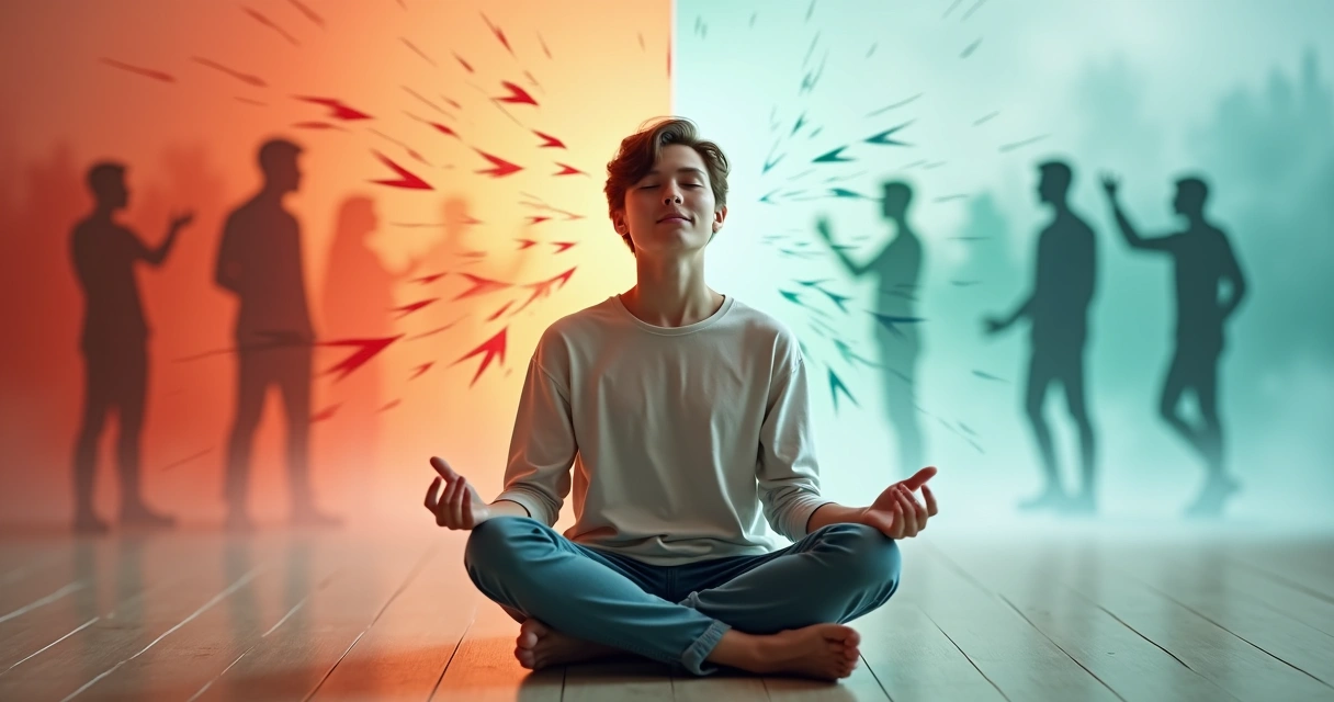 Persona meditando en medio de flechas caóticas y líneas calmadas 