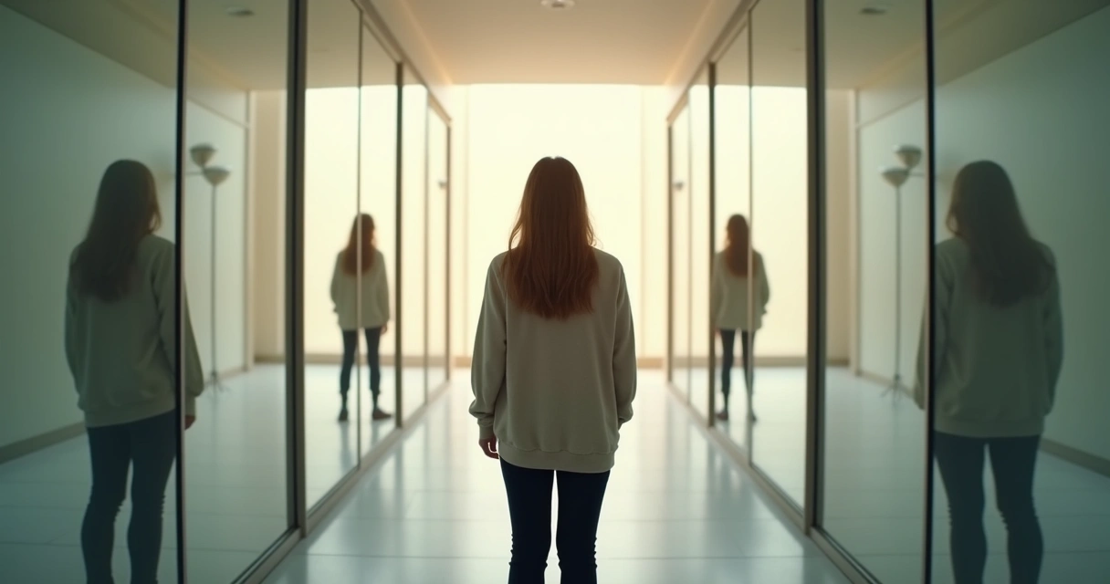 Person looking at reflections of repeated relationship patterns in a hallway of mirrors 