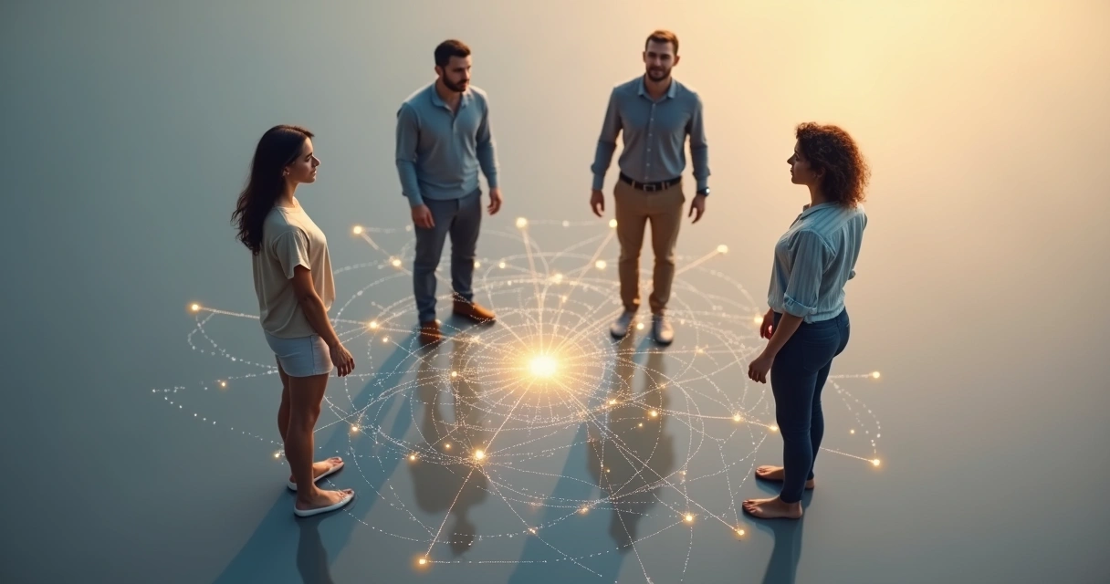 Personas conectadas por redes luminosas que representan patrones relacionales sistémicos 