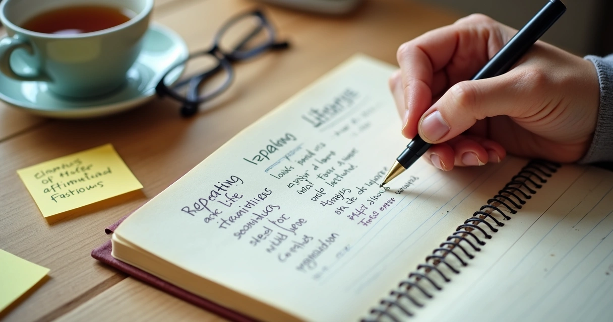 Libreta con anotaciones sobre patrones de vida y repeticiones 