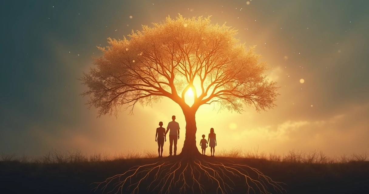 Siluetas de varias generaciones de una familia unidas por un árbol con raíces luminosas 