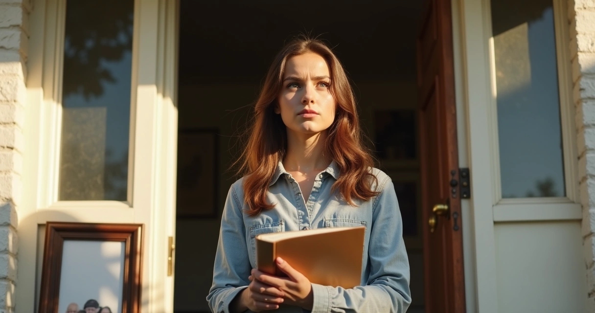 Young adult pausing at a doorstep in thoughtful reflection. 