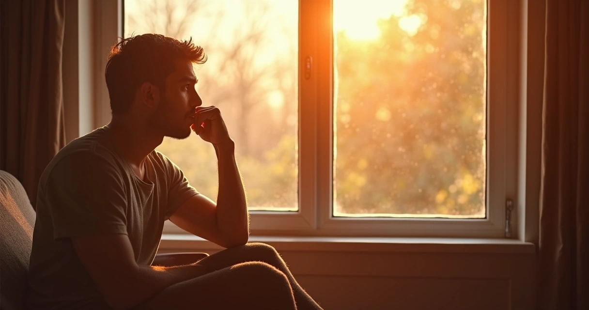 Person pausing in thought, gentle sunlight filling the room, symbolizing realization and new awareness. 