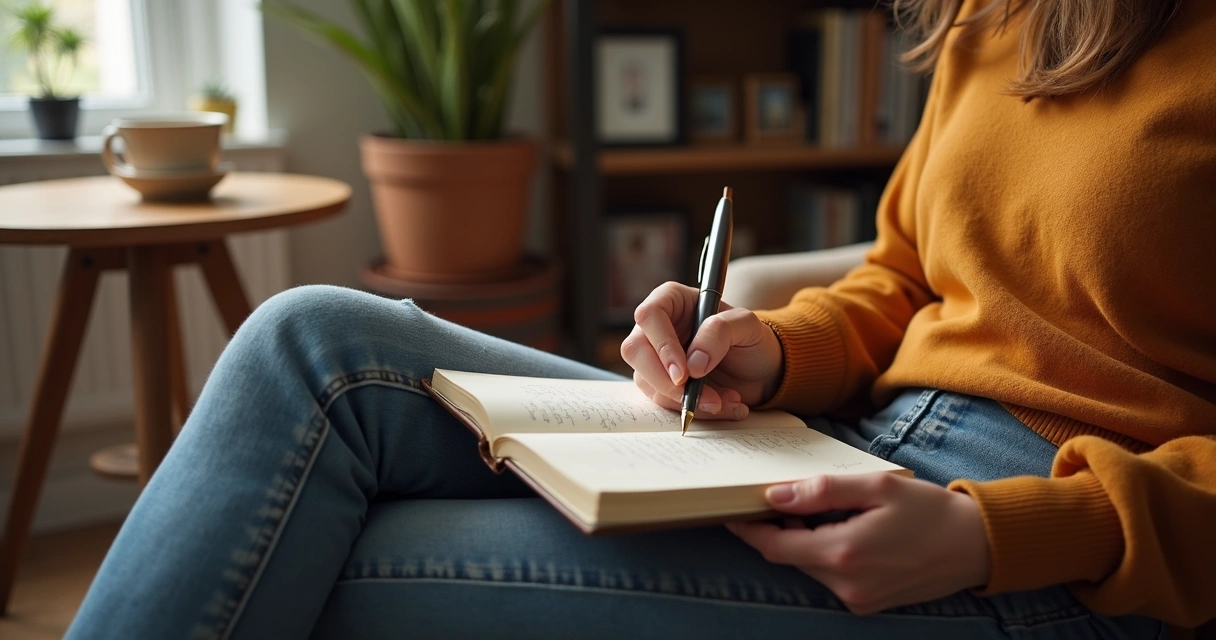 Person journaling and reflecting in a cozy room 