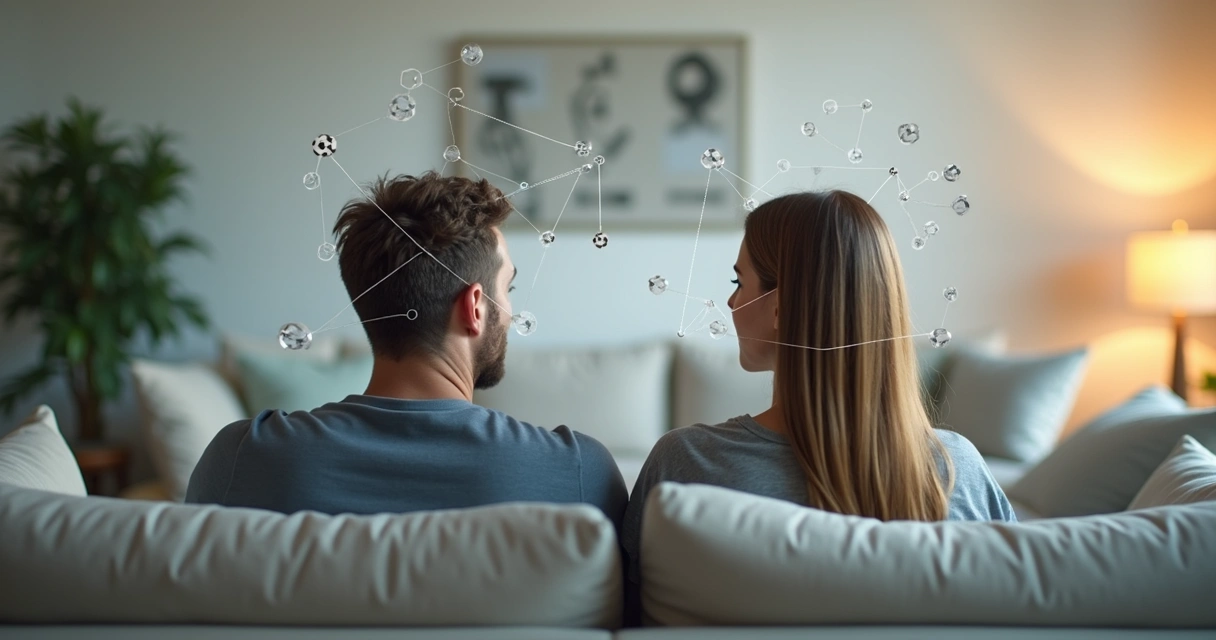 Couple sitting at opposite ends of a couch, geometric patterns overlay the image to represent relationship dynamics 
