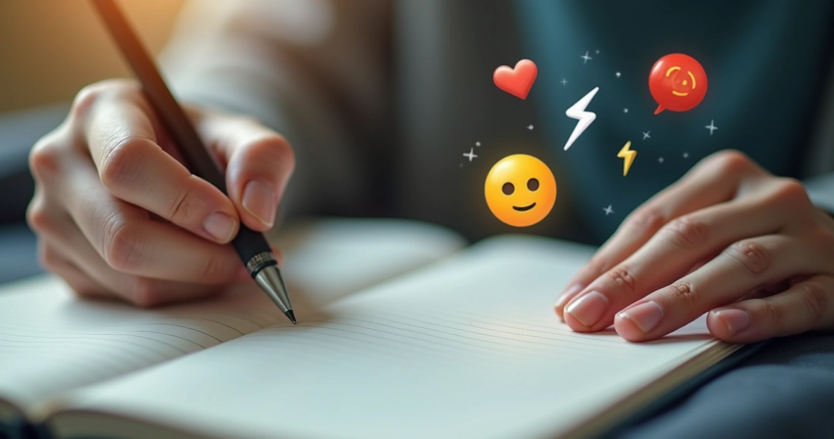 Hand writing in a diary with floating symbols of emotions around 