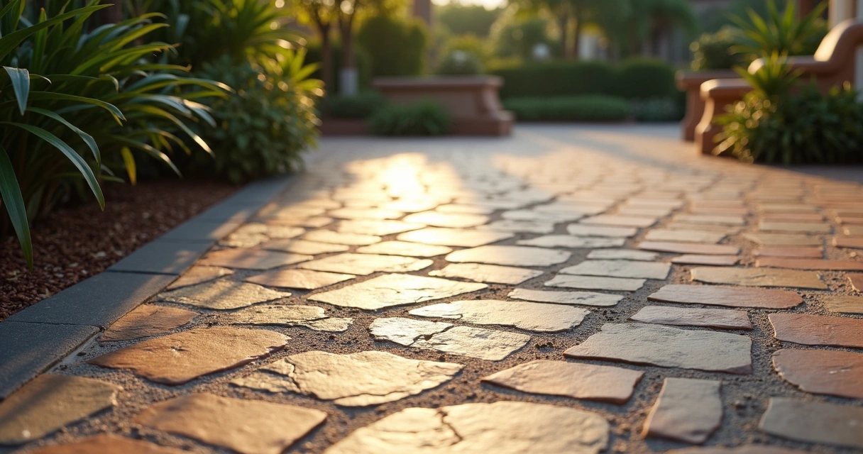 Patio with mixed paver patterns and colors