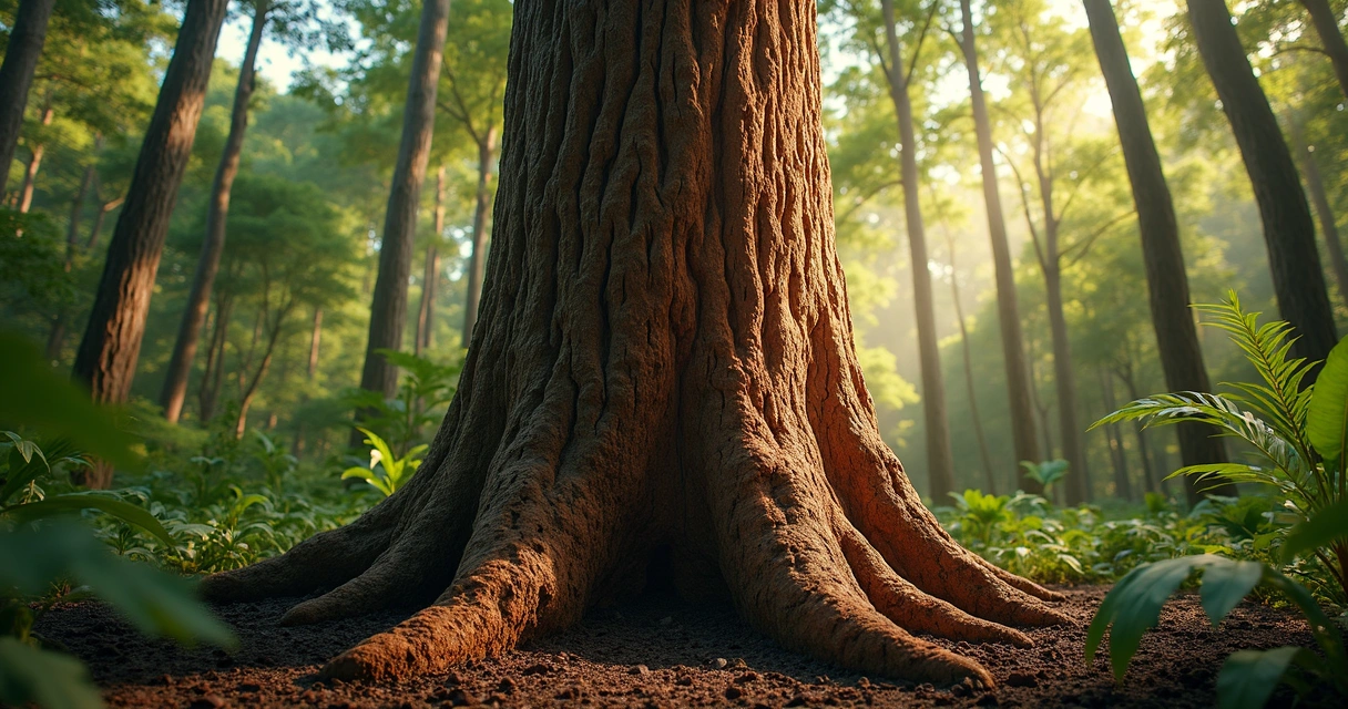 Árvore de pau-brasil destacada em floresta densa. 