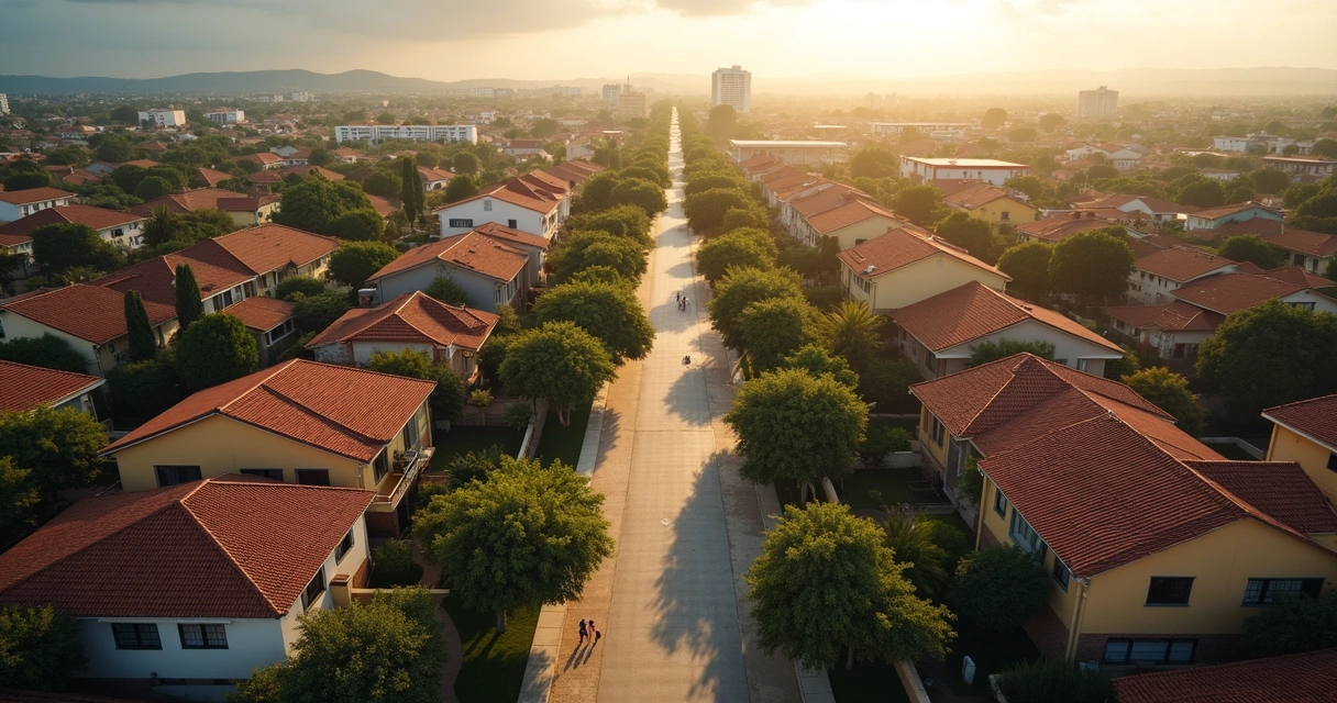 Vista aérea de bairro residencial em Paulínia, com casas, ruas arborizadas e prédios comerciais ao fundo 