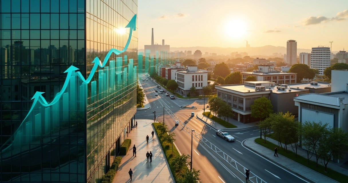 Vista aérea de Paulínia com prédios comerciais e industriais simbolizando geração de empregos 