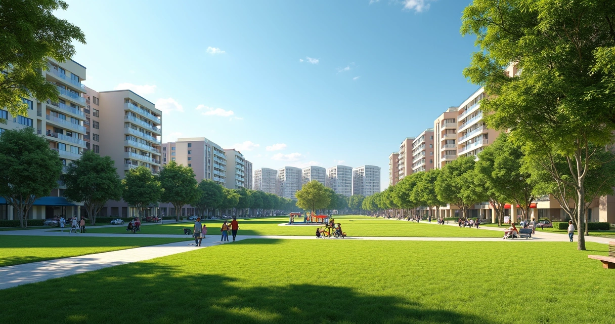 Parque urbano em Paulínia com área verde, pistas de caminhada, famílias e área de lazer ao fundo 