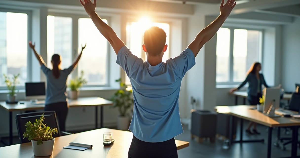 Empleado de oficina haciendo estiramientos de meditación activa
