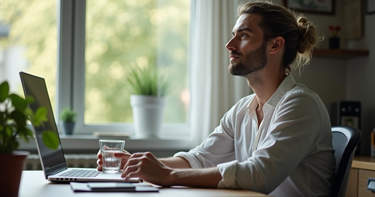 Pessoa sentada em mesa de trabalho segurando um copo de água, com expressão tranquila 