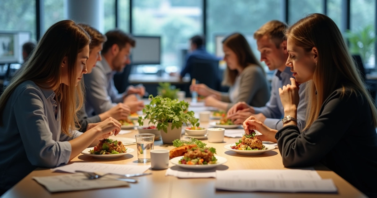 Pessoas em mesa de escritório comendo em silêncio, focadas na comida