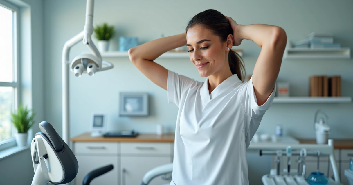 Profissional de saúde realizando alongamento simples ao lado de uma cadeira durante o expediente 