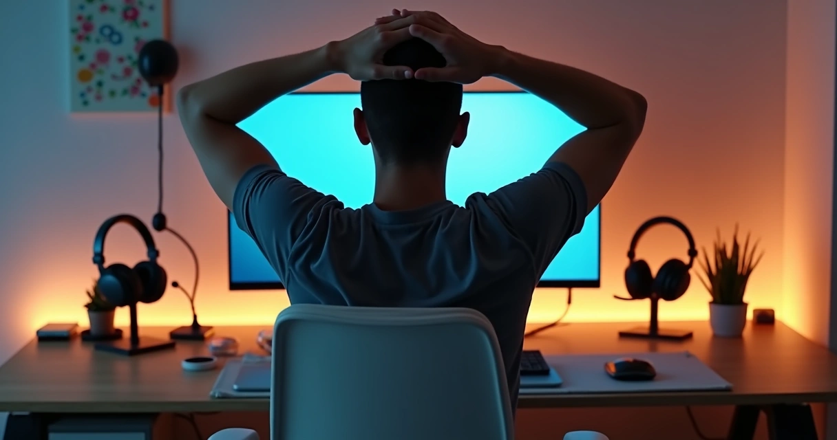 Pessoa fazendo alongamento ao lado do computador em uma estação de trabalho organizada. 