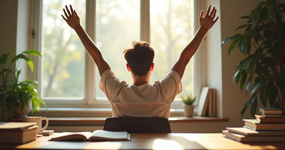 Estudante faz alongamento entre livros durante pausa nos estudos