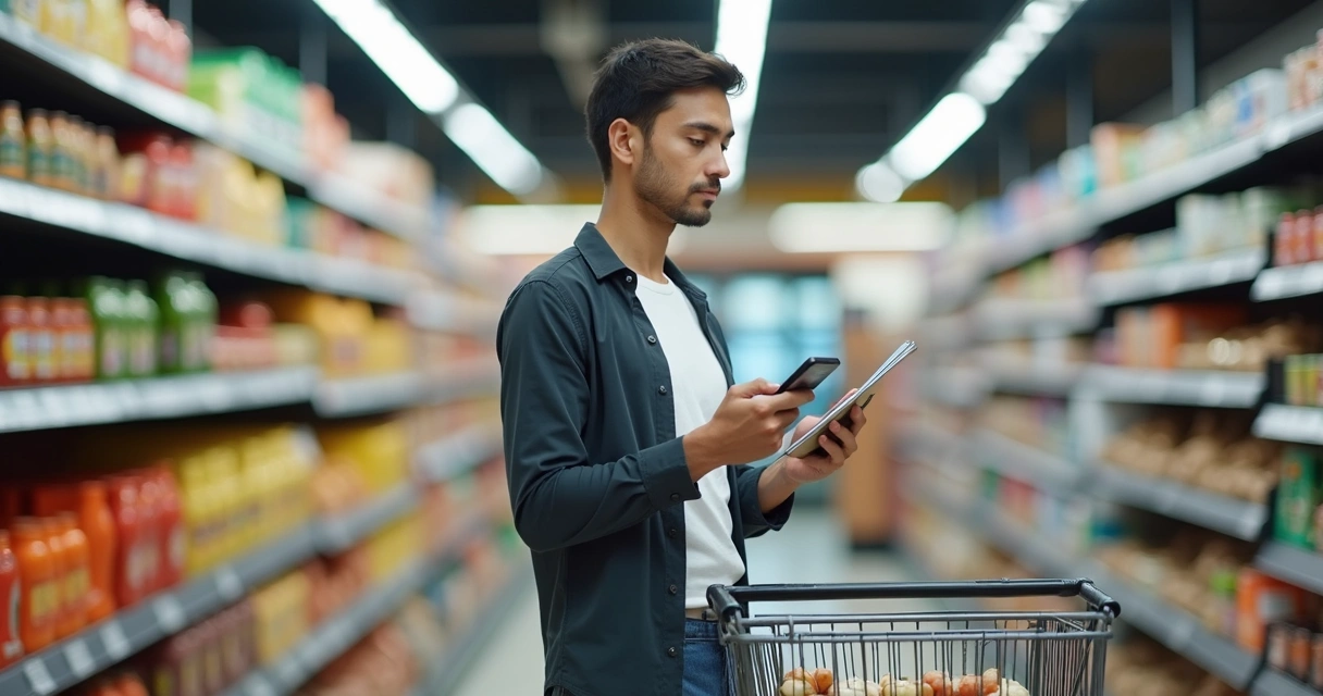 Pessoa observando lista de compras antes de pagar
