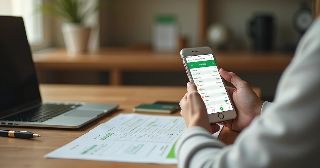 Pessoa diante do celular revendo compras e orçamento