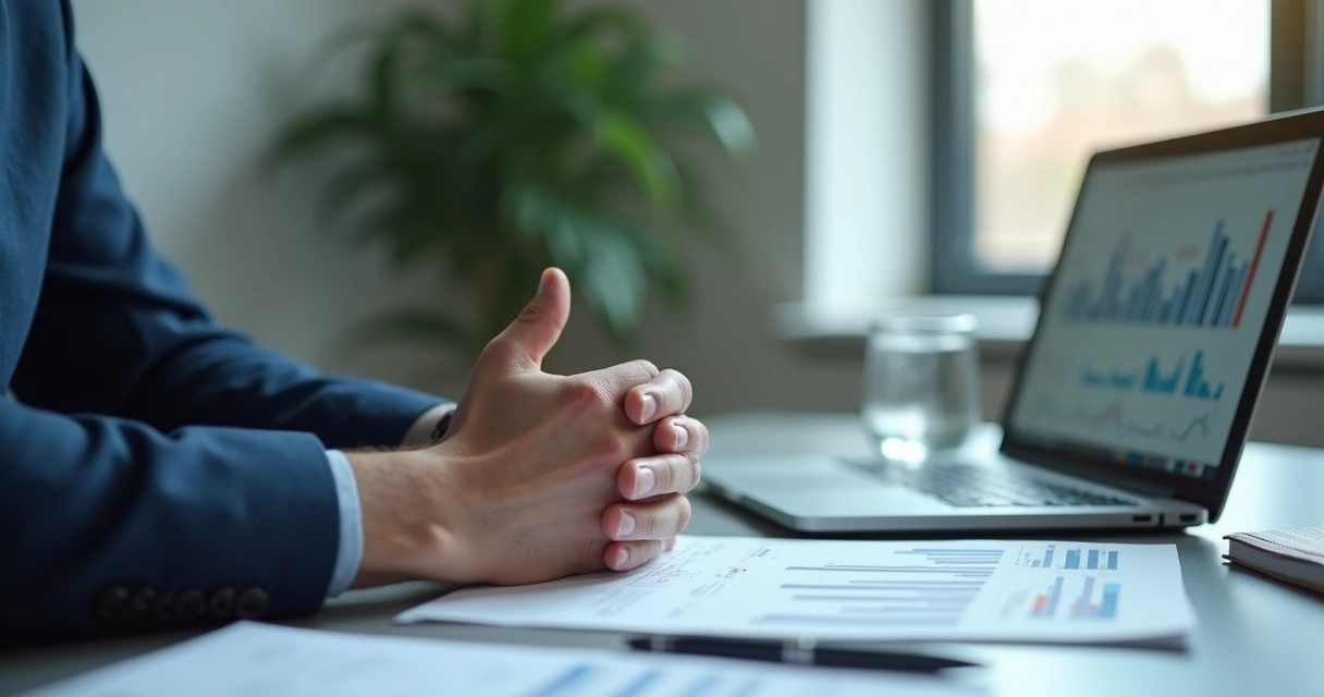 Profissional fazendo pausa antes de decidir em mesa de trabalho organizada