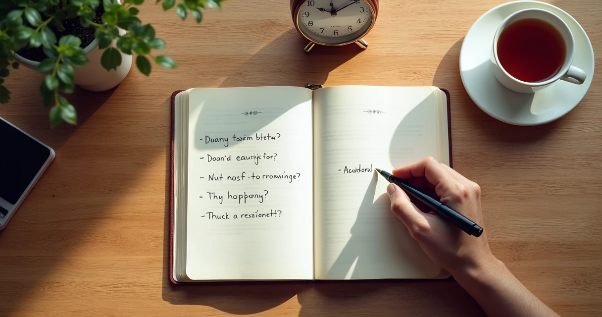 Caderno, xícara e mão escrevendo durante pausa reflexiva
