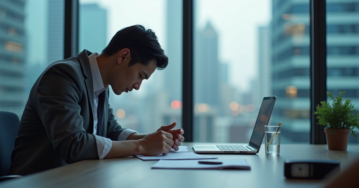 Pessoa respirando antes de decidir em mesa de trabalho