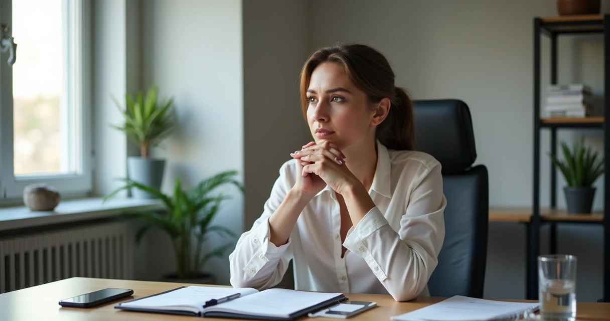 Pessoa fazendo pausa breve antes de decidir em mesa de trabalho 