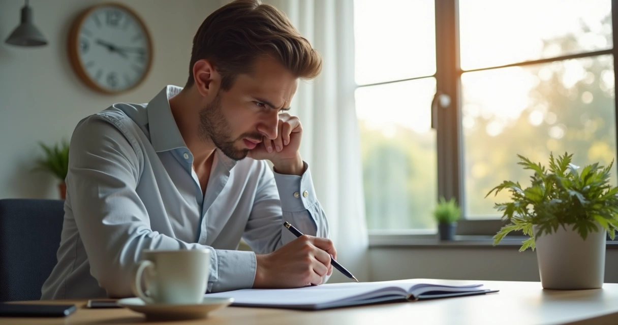 Pessoa fazendo pausa antes de decidir com agenda e café na mesa