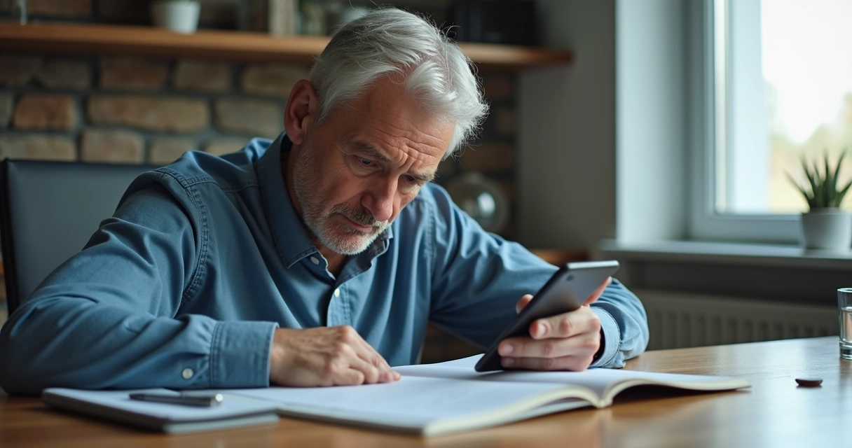 Pessoa respirando antes de decidir com celular e bloco de notas na mesa 