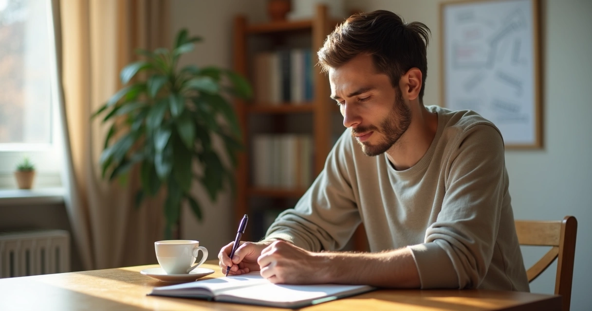 Pessoa fazendo pausa antes de decidir com caderno e café à mesa
