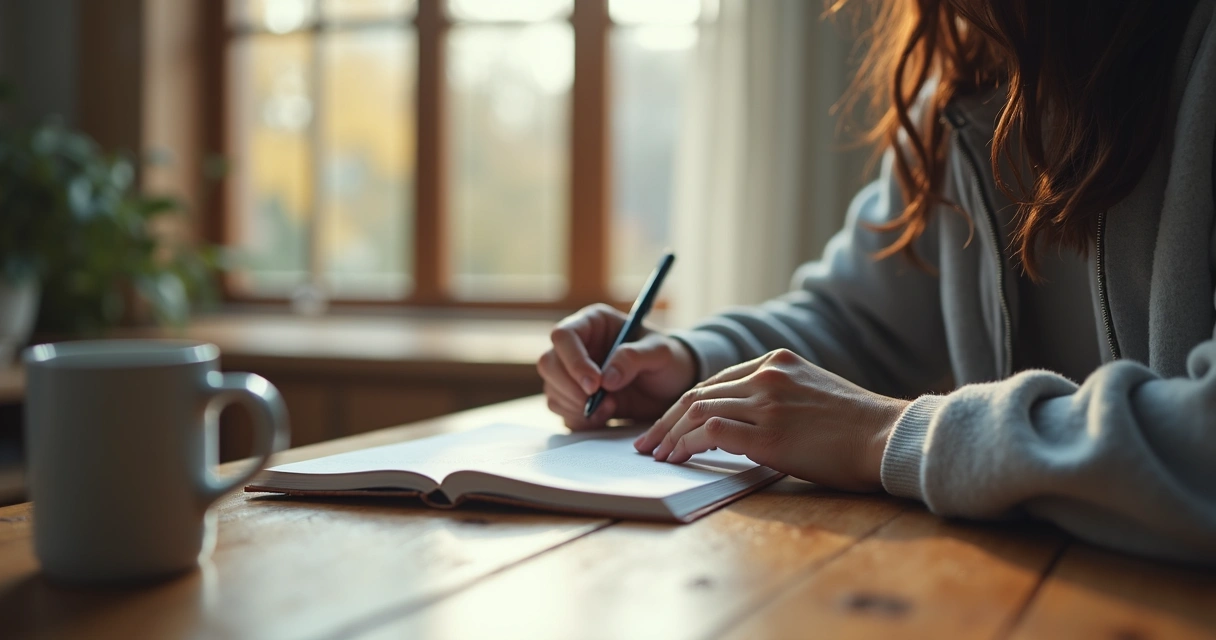 Pessoa sentada em silêncio diante de um caderno e uma janela