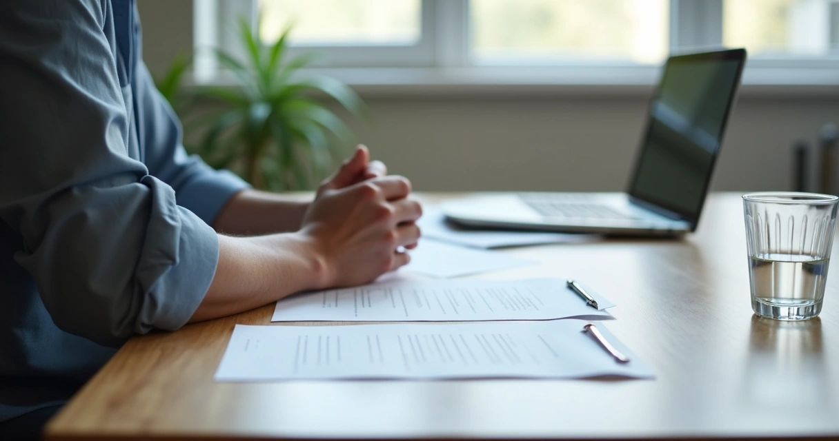 Pessoa em pausa reflexiva diante de duas opções em mesa de trabalho