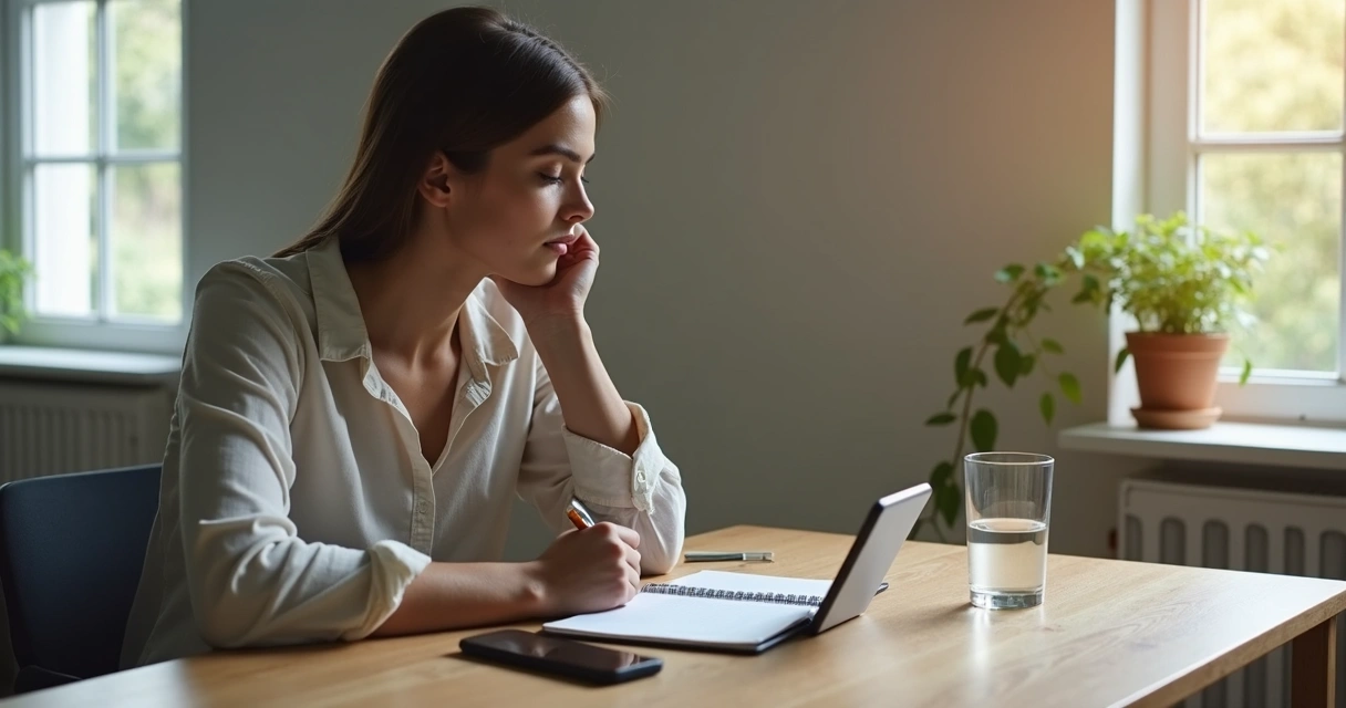 Pessoa respirando antes de decidir diante de mesa com celular e caderno 