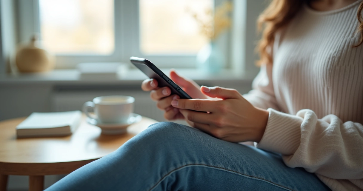 Mãos segurando celular enquanto pessoa faz pausa para respirar em ambiente calmo
