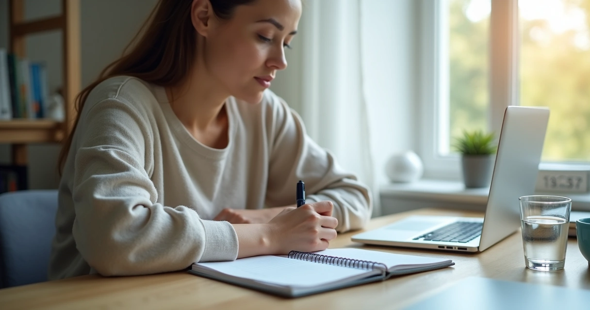 Pessoa escrevendo após pausa reflexiva no trabalho 