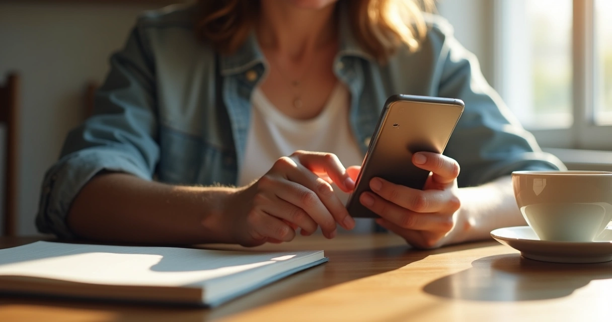 Pessoa olhando o celular e fazendo uma pausa antes de responder