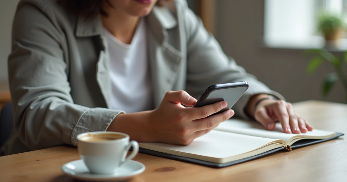Pessoa olhando o celular e fazendo uma pausa antes de responder