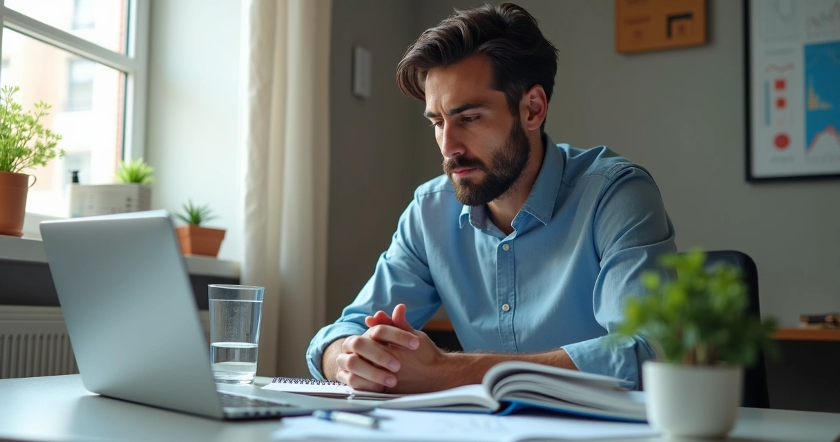 Pessoa fazendo pausa consciente antes de uma decisão em ambiente de trabalho