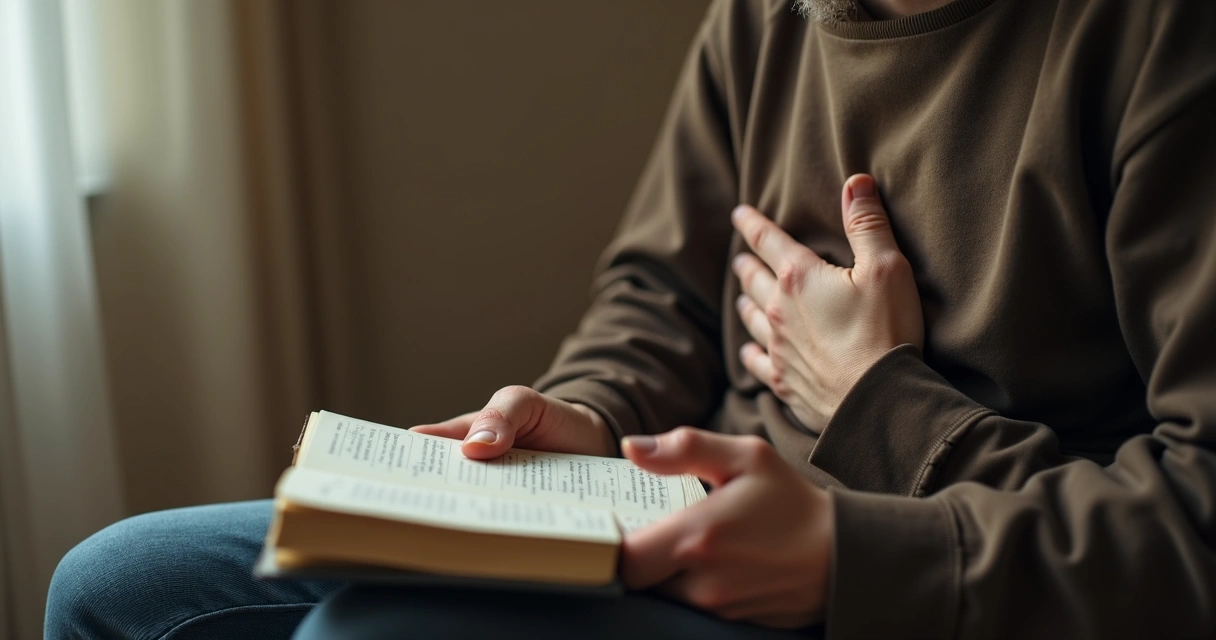 Mano sobre el pecho y otra sobre un cuaderno en un momento de pausa 