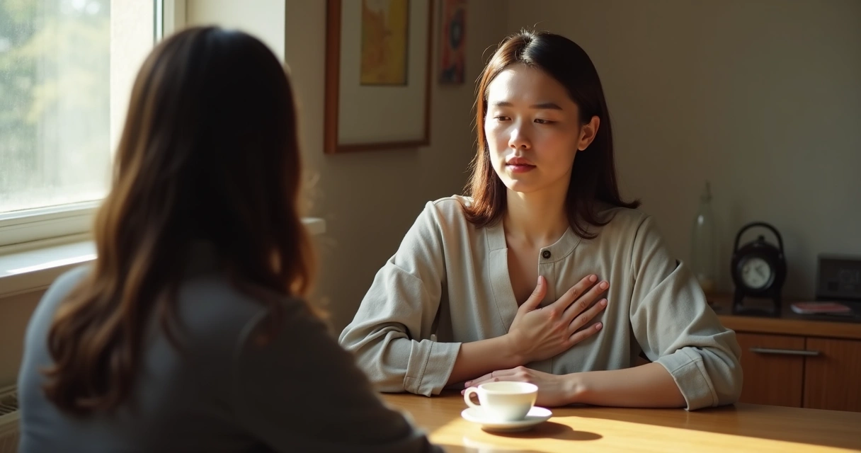 Persona respirando antes de responder en una conversación 