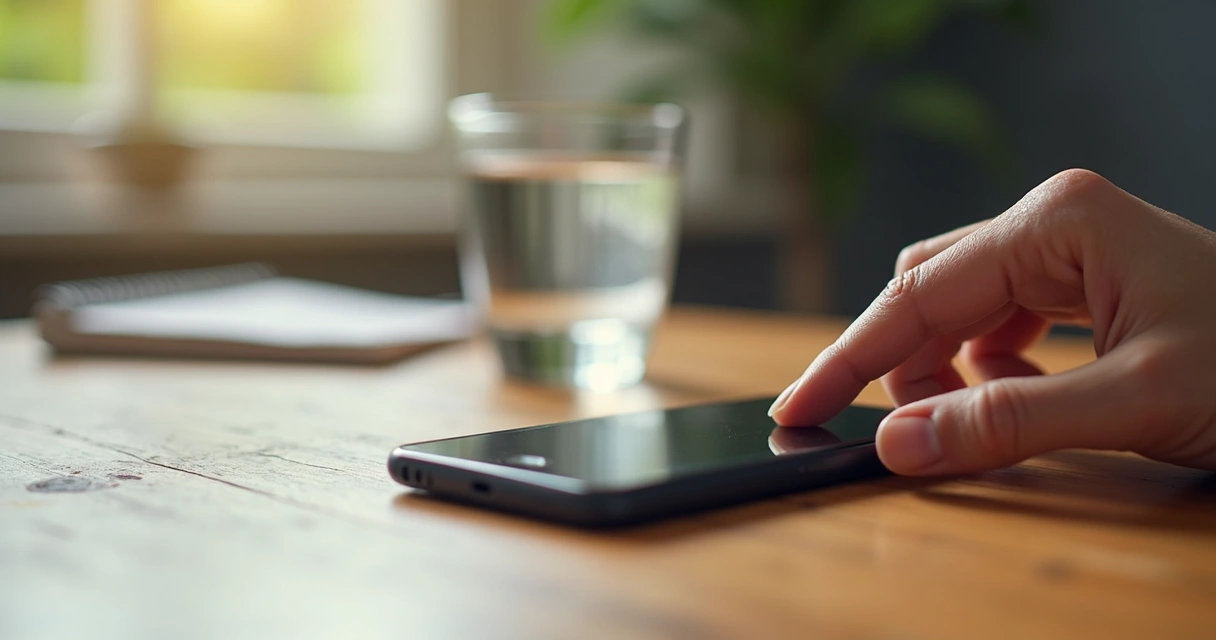 Mano junto a un teléfono durante una pausa consciente 