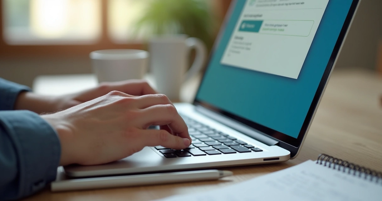 Manos frente a un teclado con una taza y una pantalla de chat en pausa 