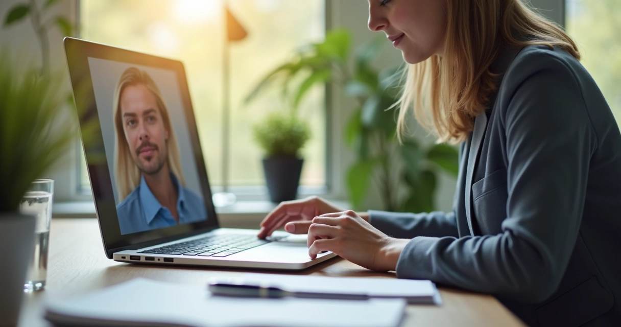 Profissional fazendo pausa consciente antes de reunião online 