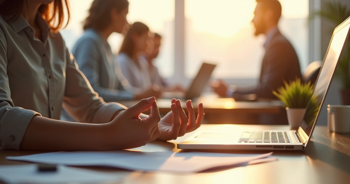 Pessoa fazendo pausa de atenção plena na mesa do escritório 