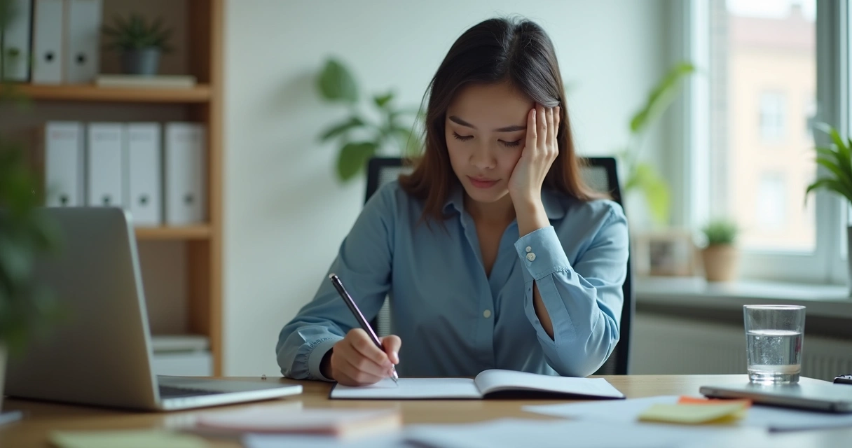 Persona haciendo una pausa breve frente a un escritorio con notas y portátil