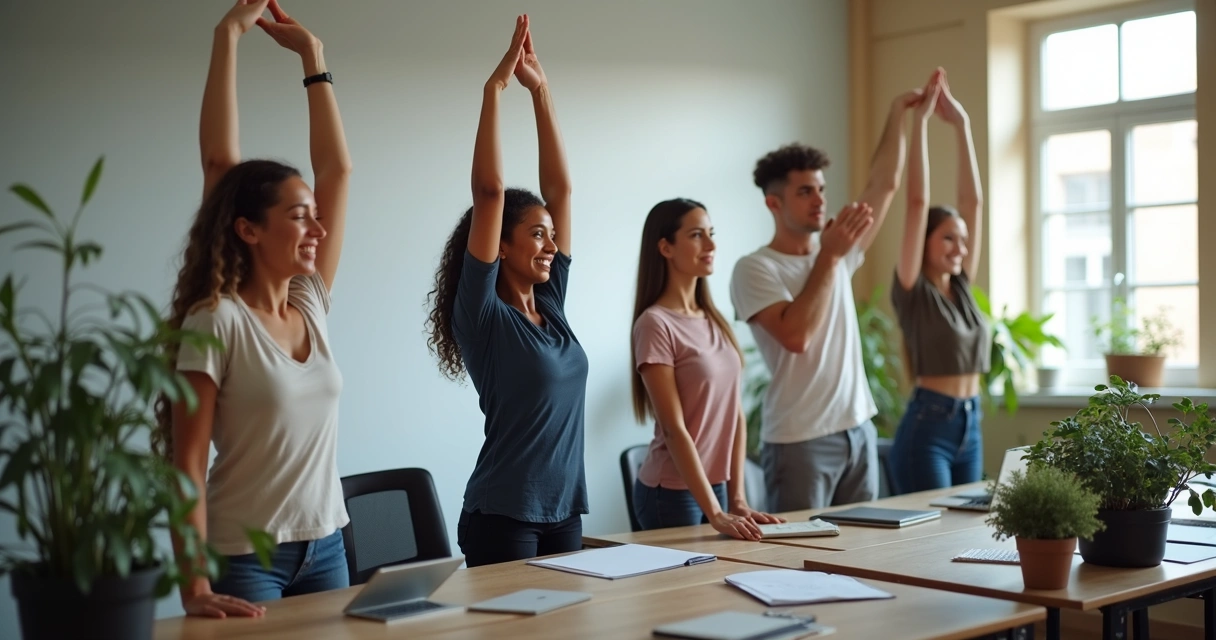 Equipe de escritório praticando pausa ativa juntos