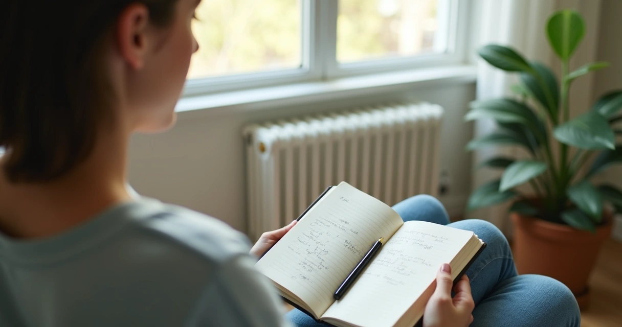 Pessoa fazendo pausa para refletir com caderno aberto