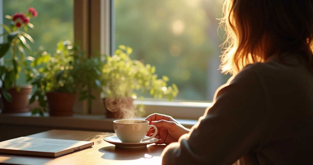 Pessoa fazendo uma pausa com café ao lado de uma janela